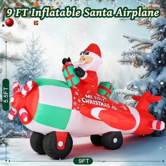 ⚡9FT Christmas Inflatable Santa Airplane Built-in LED Light Outdoor Decoration - Picture 2 of 7